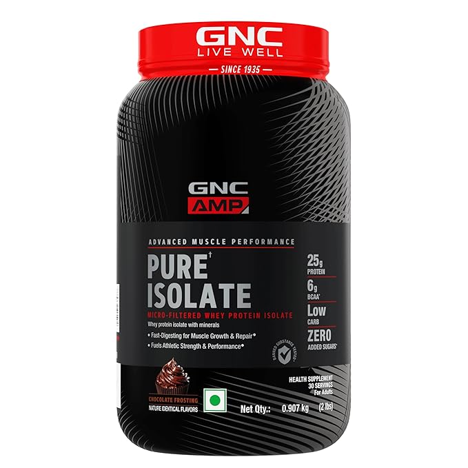 GNC Amp Pure Isolate Zero Carb | 2 Lbs | 30 Servings | Boosts Athletic Performance Builds Lean Muscles | Speeds Up Recovery | Digezyme For Easy Digestion | 25G Protein | 6G Bcaa | Chocolate Frosting
